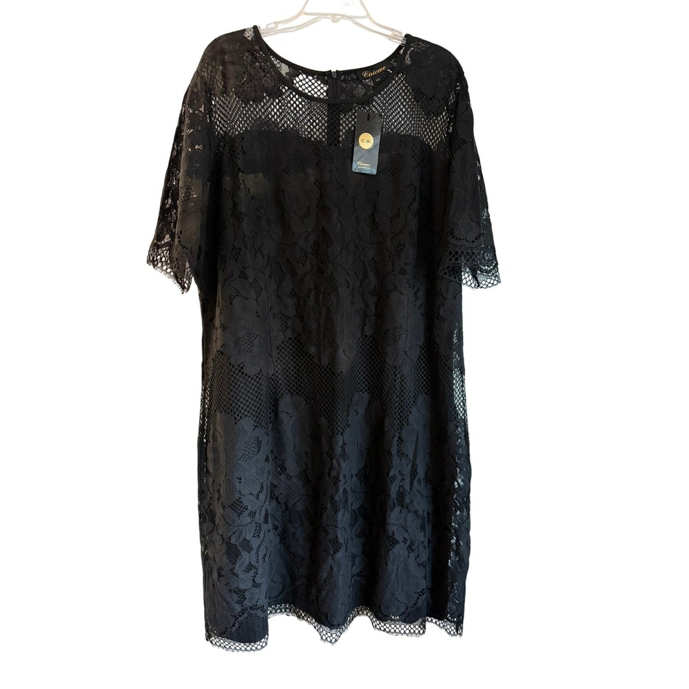 Chicwe Womens 4X Black Floral Lace Mesh Shift Dress Short Sleeve NWT